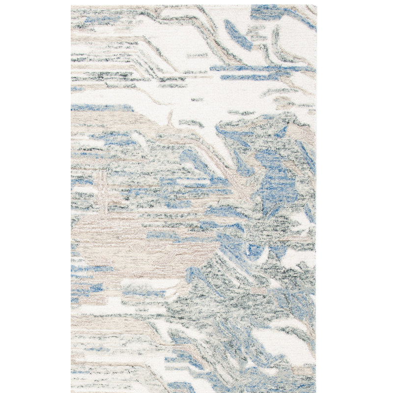 Tapis beige / bleu en laine touffeté à la main à motif abstrait Jaxony, Carré 6 pi