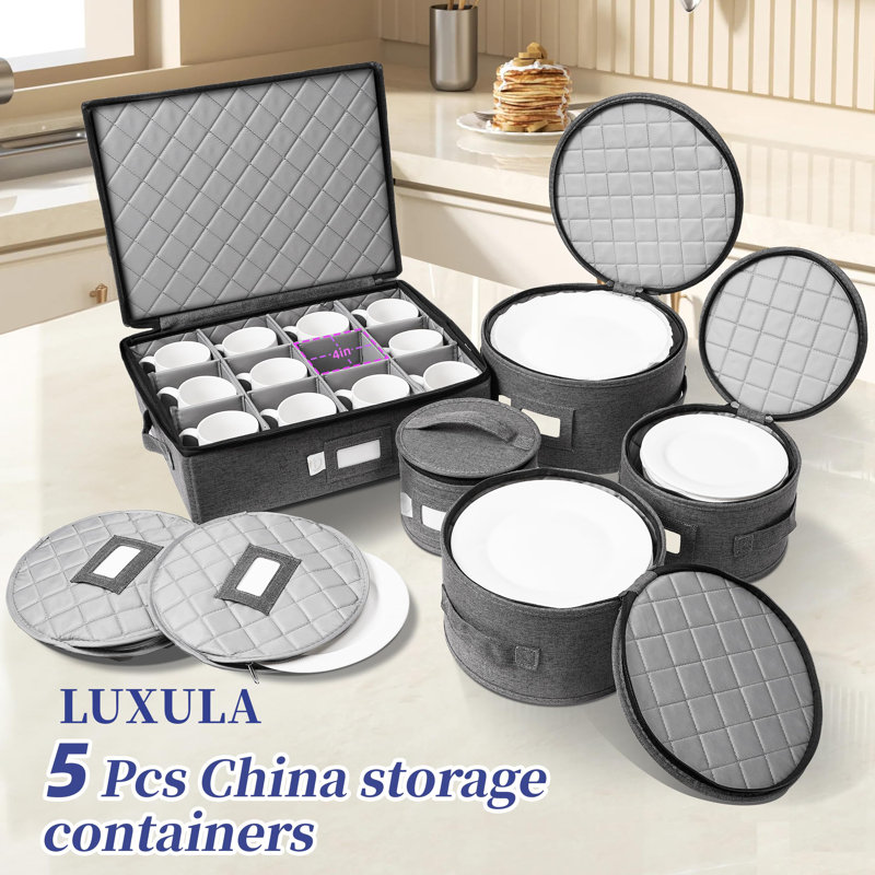China Storage Containers For 12 Place Setting With Two Plate Bags, 5 Pcs Hard Shell Quilted China Storage Cases,Grey