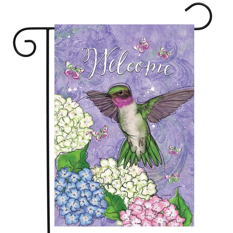 Drapeau de jardin colibri et hortensia, Oiseaux violets/verts/blancs
