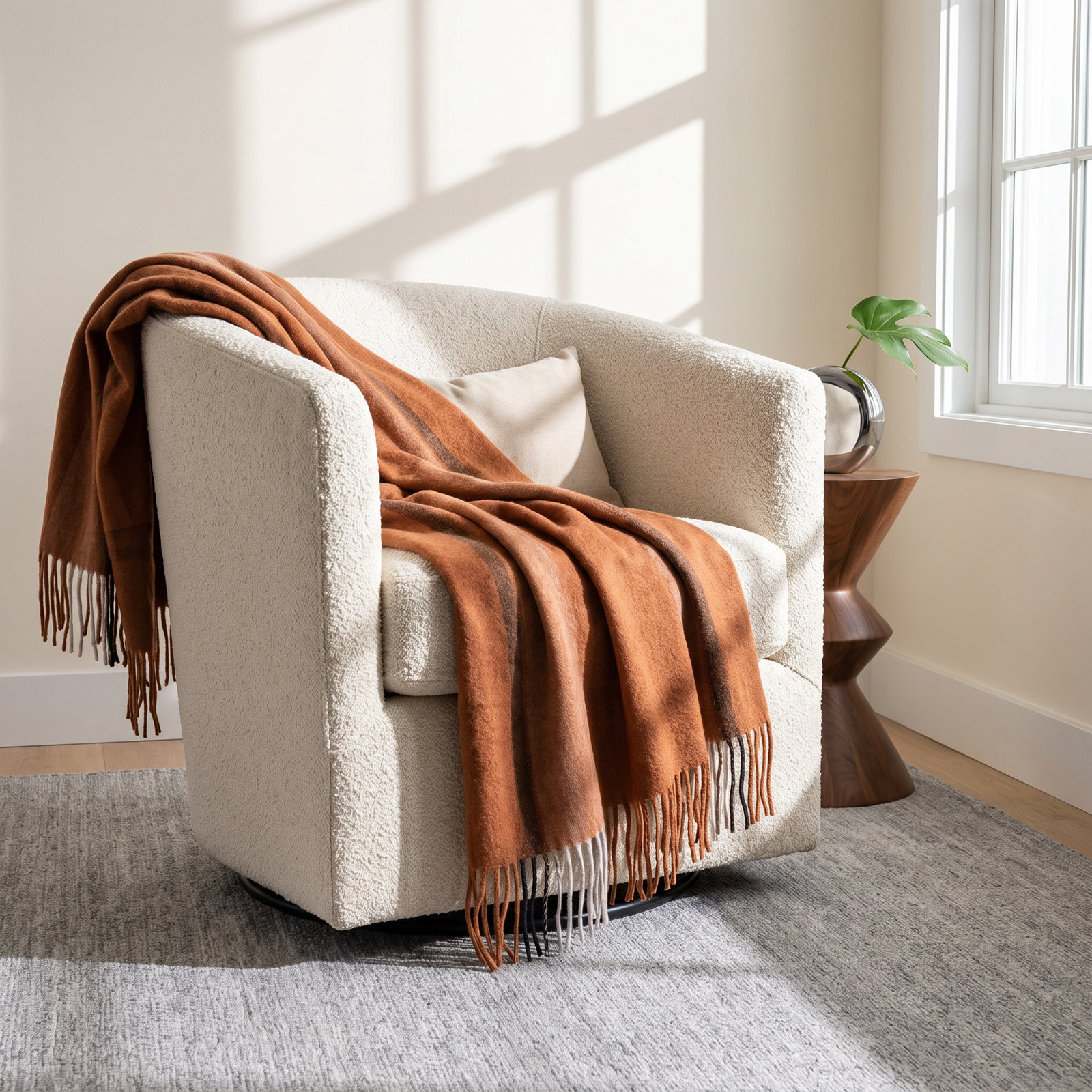 Brushed Acrylic And New Zealand Wool Throw With Stripes And Fringe
