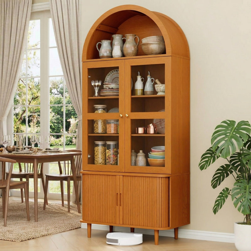 Armoire de rangement pour garde-manger cannelée de 71 pouces de hauteur avec portes coulissantes en verre avec tablettes intérieures réglables pour la cuisine, la salle à manger, la salle de bain et le salon