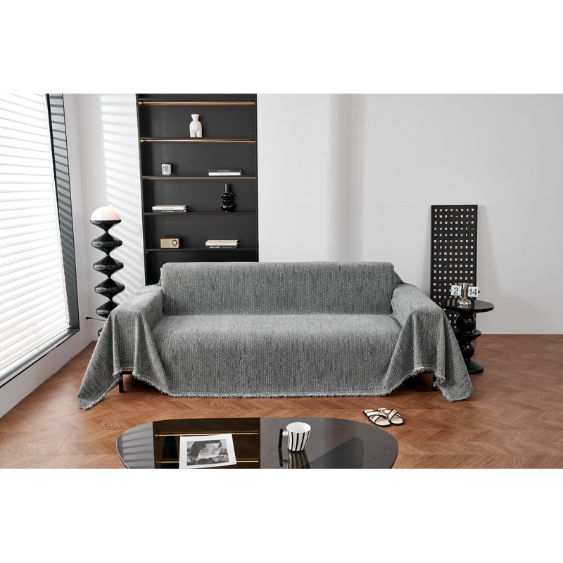 Housse pour canapé à rayures fines multicolores en chenille classique, Gris chenille, H 71 po x l 150 po x P 0,1 po