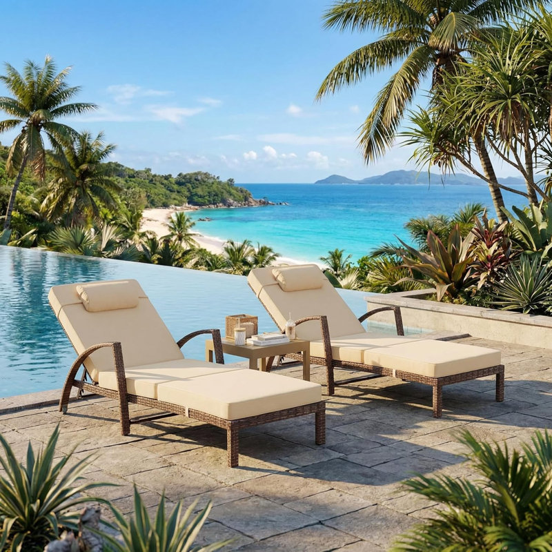 Outdoor Chaise Lounge Set of 2, Weather-Resistant PE Rattan Recliners with 5 Adjustable Positions, Wheels, Armrests, Cushions & Pillows, Collapsible for Poolside, Deck