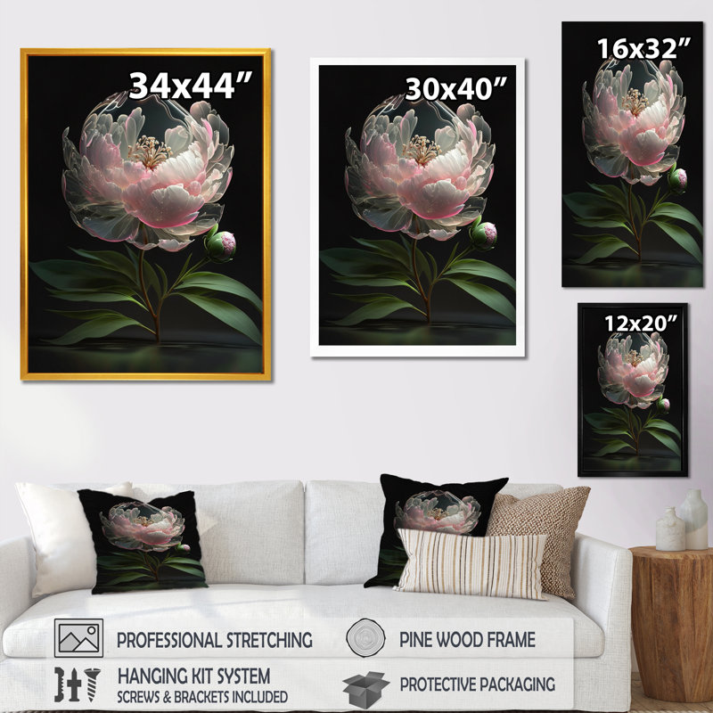 Décoration murale pivoines roses et vertes - pivoines florales, Cadre photo noir, L 12 po x H 20 po