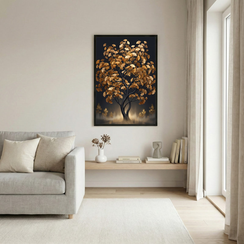 Art mural sur toile noir encadré pour le salon, la chambre à coucher, le bureau ou le vestibule - décoration murale décorative avec arbre doré