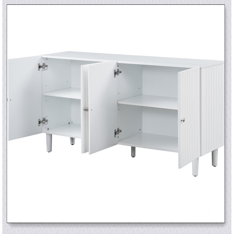 Buffet à quatre portes avec portes à motif ondulé, pieds cylindriques et poignées en métal élégantes, Blanc