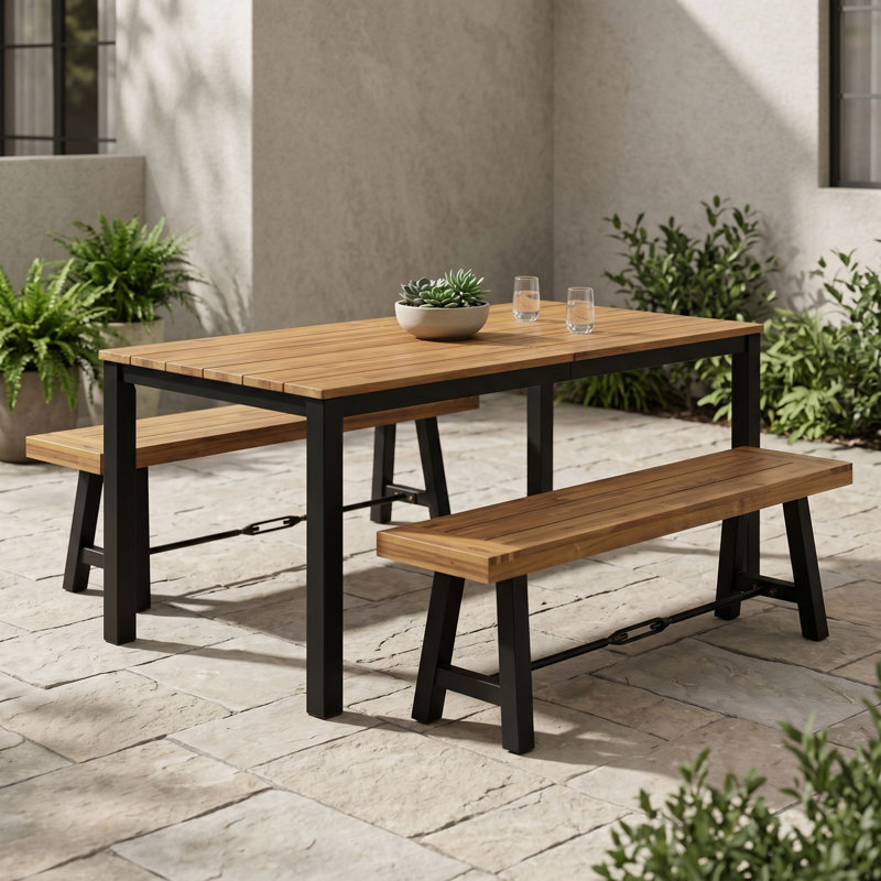 Ensemble de salle à manger d'extérieur moderne en bois d'acacia avec deux bancs Testwuide