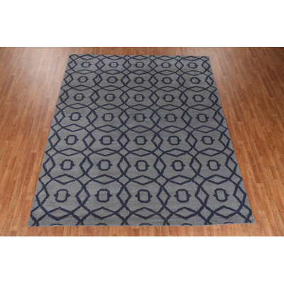 Tapis gris en laine noué à la main de conception unique 8 pi 4 po x 9 pi 11 po New Age