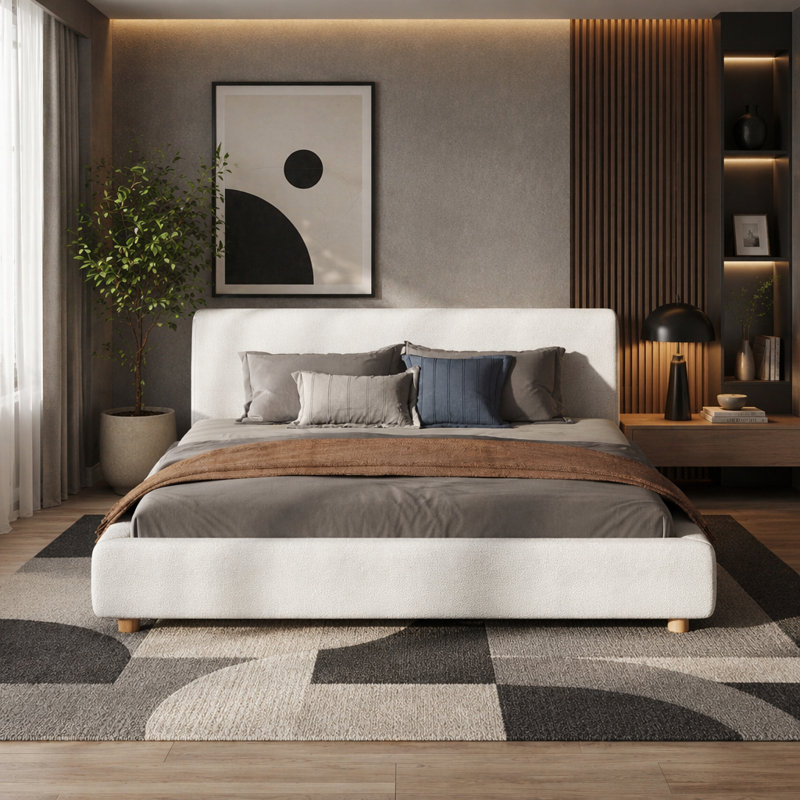 Structure de lit tapissier très grande avec tête de lit épaisse, structure de lit moderne en tissu avec support en lattes de bois