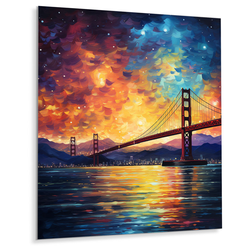 Nuit étoilée au-dessus du pont de San Francisco - art mural en métal Vangogh, H 20 po x l 12 po x P 1 po