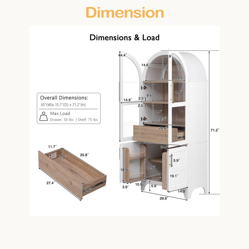 Armoire de garde-manger arquée de 71 po de hauteur avec tablettes de porte, armoire de rangement de ferme avec tablettes ouvertes et réglables