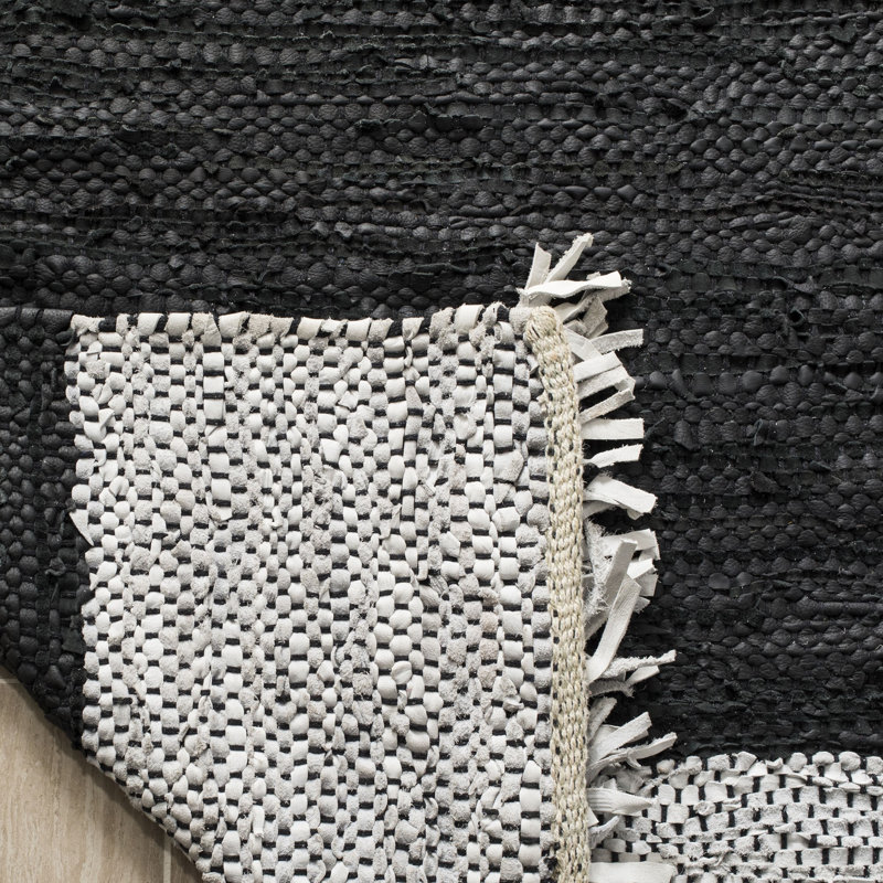 Stadler Hand Woven Leather/Cotton Solid Color Rug in Light Gray/Black, Runner 2'3" x 6'