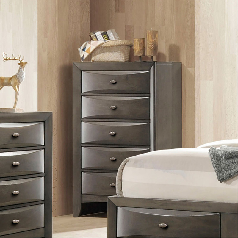 Commode style transitionnel 1pc Poignées ovales à 5 tiroirs, Gris