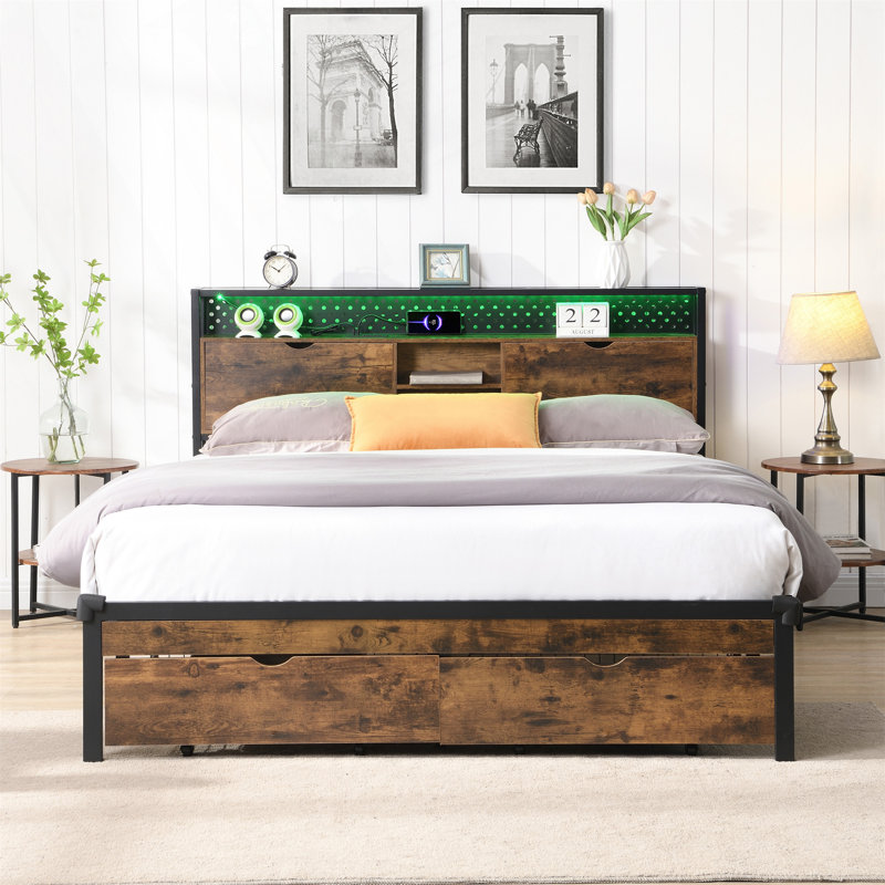 Metal Platform Bed: Wooden Headboard, Footboard USB, Charging, 2 Drawers, King