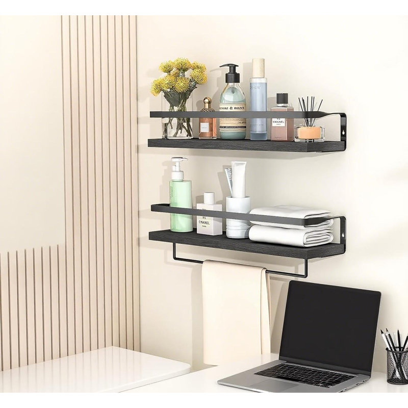 Floating Shelves With Towel Bar, Wall Mounted Bathroom Storage Shelves For Kitchen, Bedroom, With Metal Frame, Set Of 2