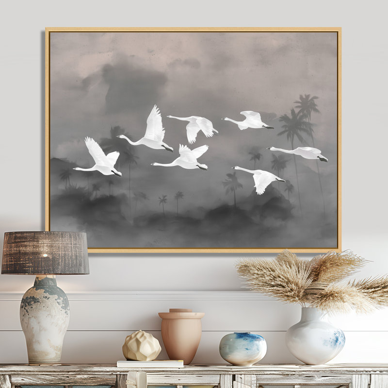 Blanc, cygnes émigrants vers la baie de Chesapeake, H 12 po x l 20 po, Picture Framed, Noir