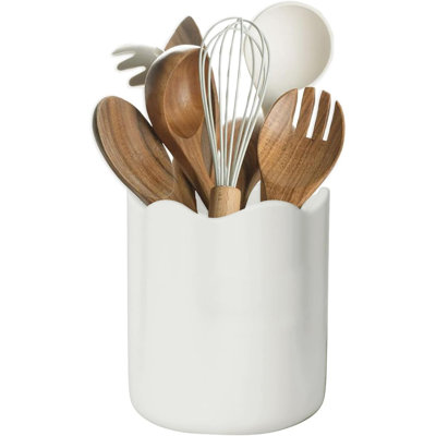 Porte-ustensiles en céramique pour comptoir de cuisine, grand porte-ustensiles de cuisine pour comptoir avec fond en liège, range-ustensiles de cuisine pour spatule, blanc