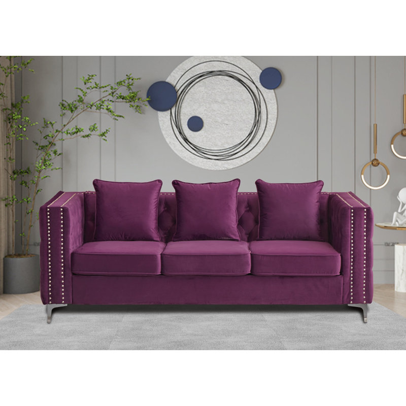 Vanida Charterhouse 86.4" Velvet Tuxedo Arm Sofa, Eggplant Velvet