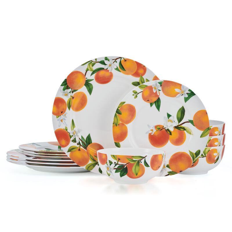 Service de vaisselle léger en porcelaine tendre résistante aux ébréchures 12 pièces Mandarin, service pour 4