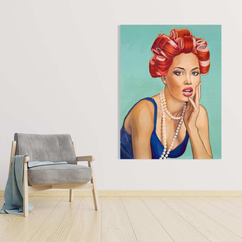 Pin up Girl with Curler - Art figuratif sur toile, H 36 po x l 48 po