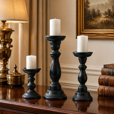 Hand-Carved Mango Wood Black Candle Holders Set