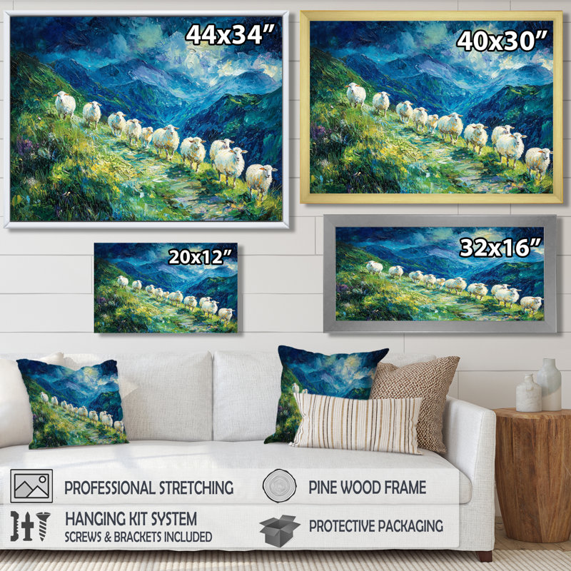 Gerbert Mountain Path of Sheep Family - Sheep, art mural, Reproduction encadrée d'une seule photo, Noir, noir, noir, noir
