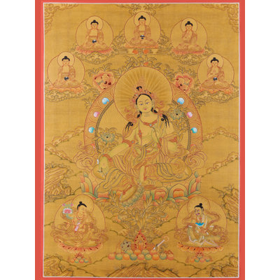 Tibetan Buddhist - Goddess Green Tara (Brocadeless Thangka) | Pure 24 Carat Gold With Acrylic Paint