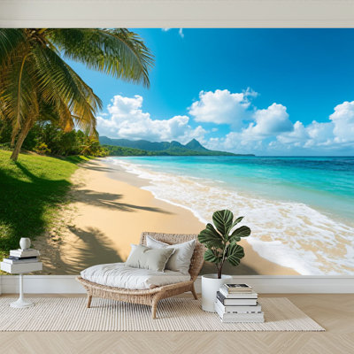 Peel and Stick Wallpaper 96" W x 69" H Modern Self Adhesive Wall Mural for Bedroom Coastal Beach Cane Bay St Croix Modern Palm Trees Ocean Sky Mountains