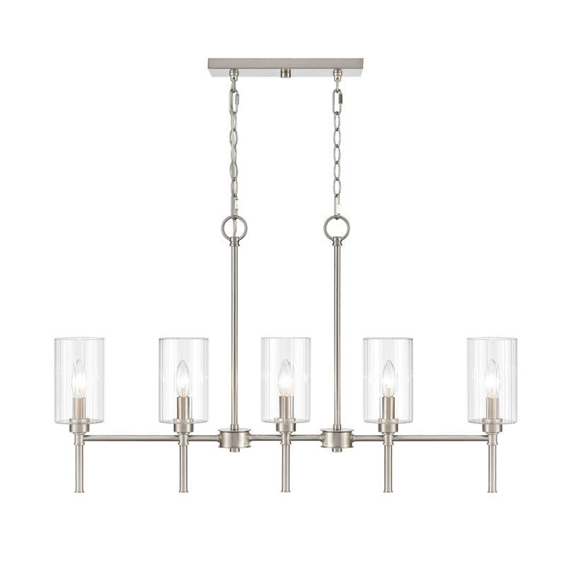 Lustre classique / traditionnel pour îlot de cuisine à 5 lumières avec verre biseauté transparent , Nickel brossé