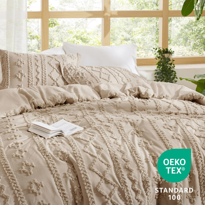 Ensemble de literie Boho, Housse de couette et insert pour grand lit + 2 tai, Kaki