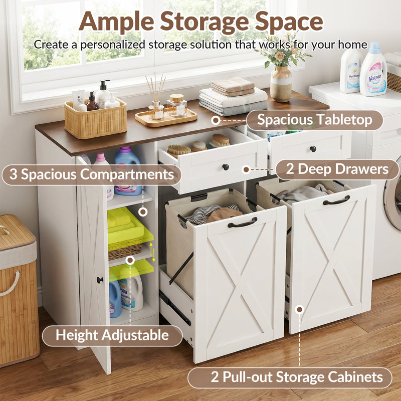Double Kitchen Hidden Trash Can Cabinet With Storage, 25 Gallon Large Pull Out Garbage Can Cabinets With 2 Drawers, Dual Dog Proof Recycling Cabinet For Kitchen, Dining & Living Room, White