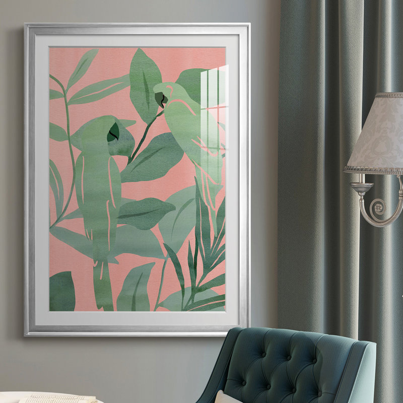 Oiseaux de paradis roses et verts II - reproduction de cadre photo, H 42,5 po x l 30,5 po x P 1 po, Argent