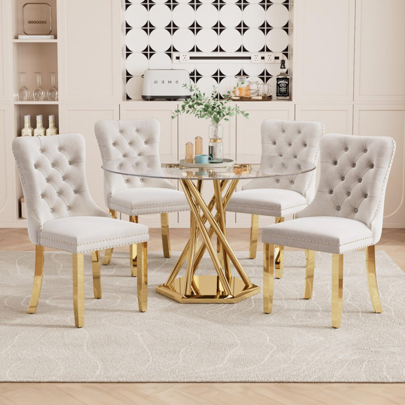 Ensemble de table de salle à manger 47,2 "en verre pour 4 personnes, table de salle à manger avec 4 chaises en velours, Doré