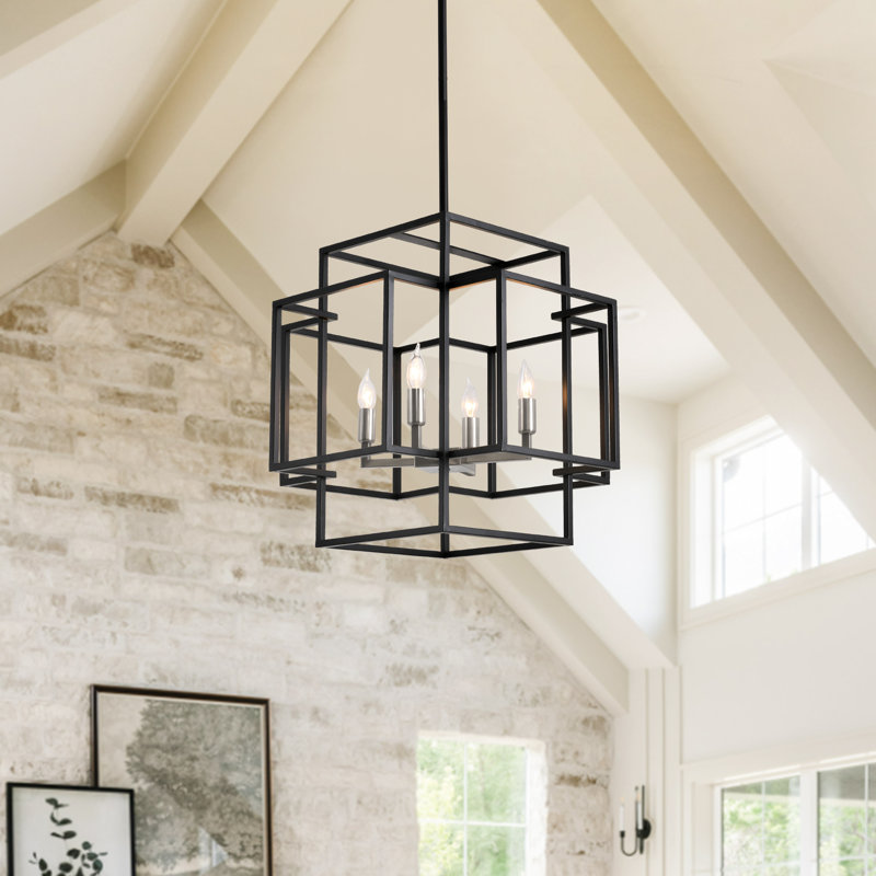 Lustre rectangulaire à 4 lumières, Noir / nickel brossé