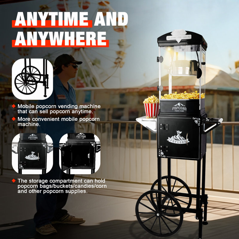 Machine à maïs soufflé avec chariot, roues et bouilloire 10 oz mesurant 3 cuillères en plastique, Noir