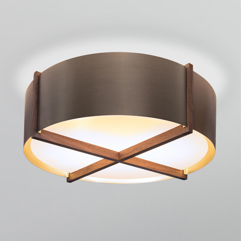 Plura Flush Mount, Distressed Brass, Dark Stained Walnut, 7.8" H x 18" W x 18" D