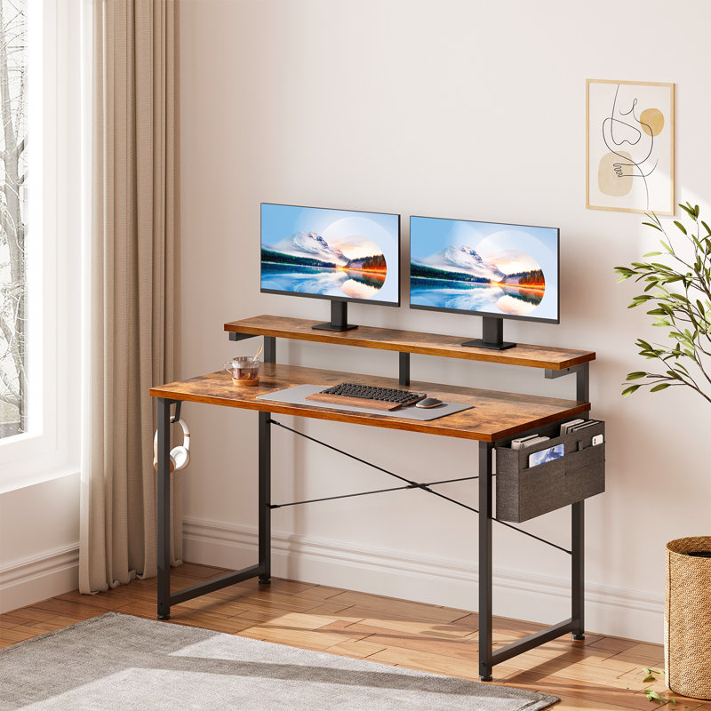 Tunnis Writing Desk with Monitor Stand, Rustic Brown/Black, 29" H x 40" W x 19.7" D
