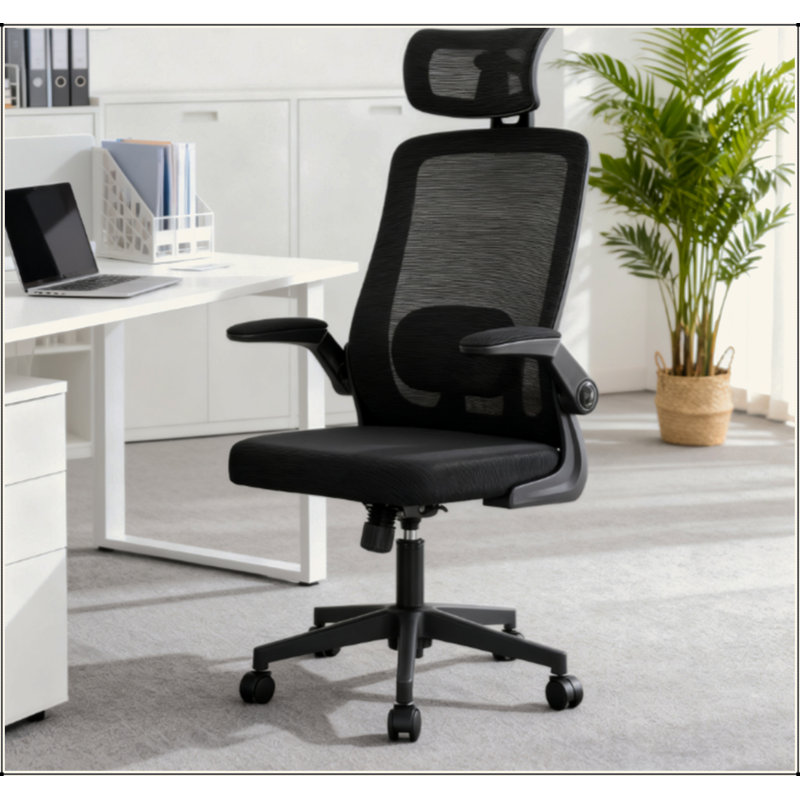 Chaise de bureau en filet, chaise de bureau avec accoudoirs rabattables, appui-tête rotatif, support lombaire réglable, Noir