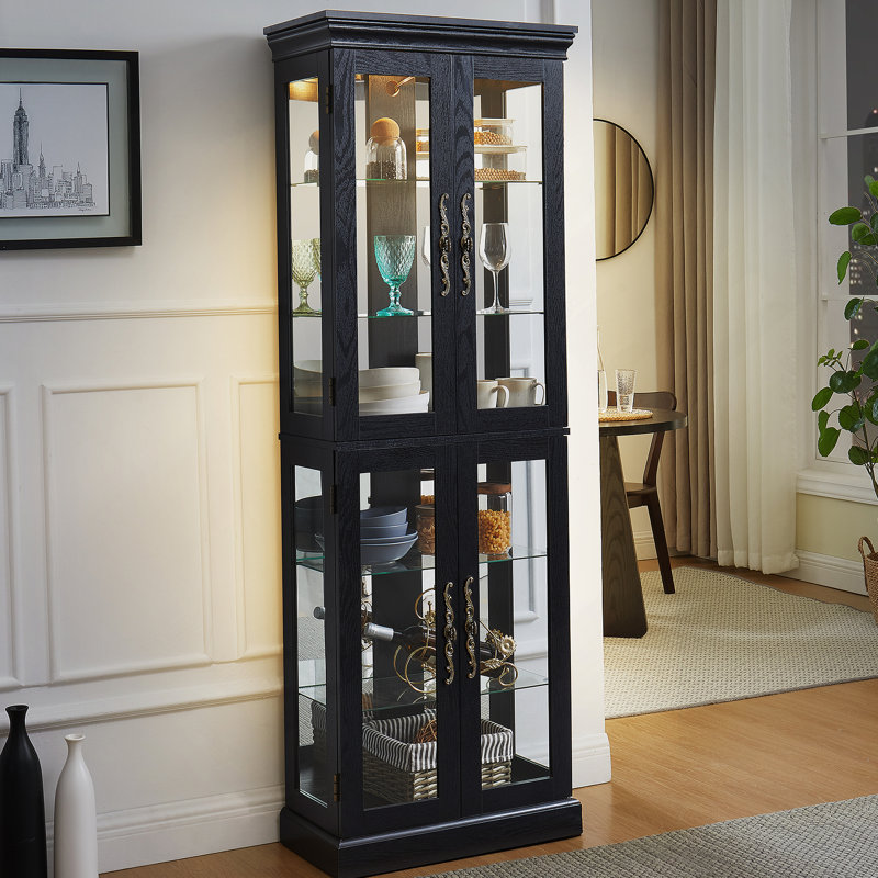 Élégante vitrine lumineuse en verre avec cadre en bois pour le salon, la cuisine, le garde-manger, idéale pour le rangement de bouteilles de vin, de jouets et d'objets de collection