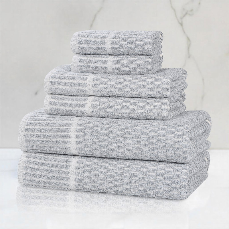Juno Viscose Cotton Blend Medium Weight Textured Checkered Ribbed Border Towel Set, 6 Piece Towel Set, Denim Blue