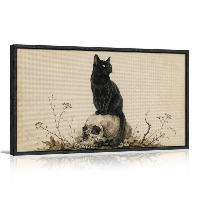 Art sur toile, chat noir assis sur un crâne avec des plantes séchées, 46“W x 24”H