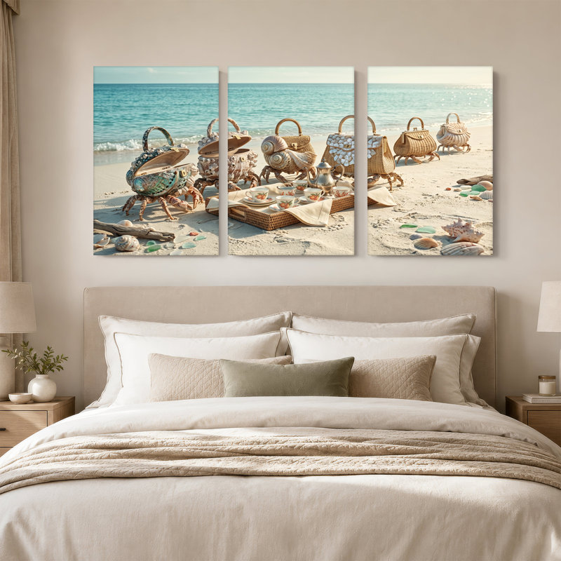 «Seashell Crab Handbags with Tea Set on Beach», ensemble de 3 toiles murales, 36"H x 24"W x 3pcs
