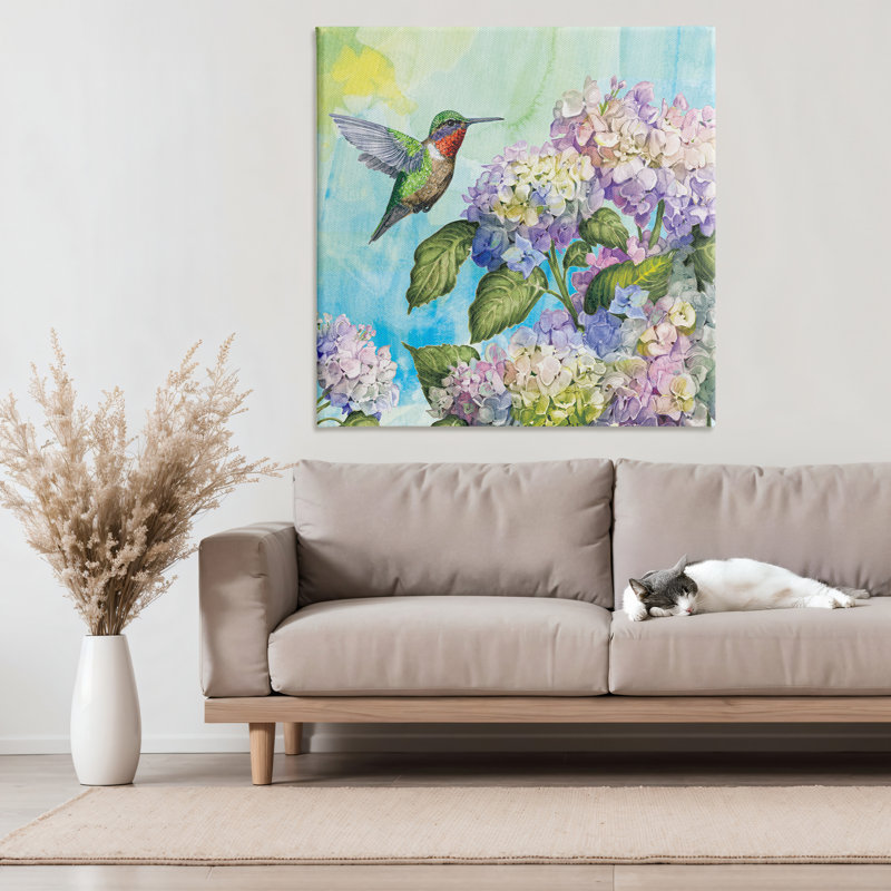 Colibri et toile d'hortensias, design par Tim Coffey, H 36 po x l 36 po