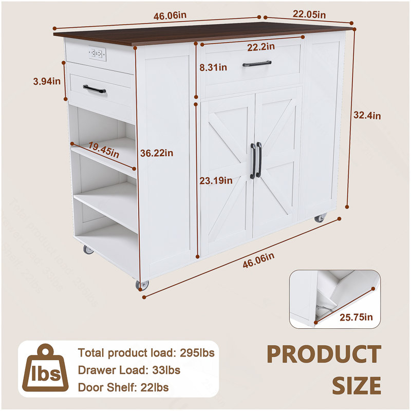 46-Inch Movable Kitchen Island With Storage, Power Outlet, And Adjustable Shelf - Versatile Rustic Breakfast Bar For Home