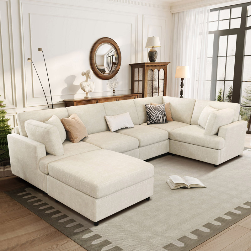 Moxlune 6-Piece 127" Wide Reversible Modular Corner Sectional with Ottoman, Beige Chenille