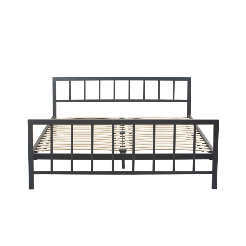 King Matte Black Metal Platform Bed Frame with Headboard and Slats