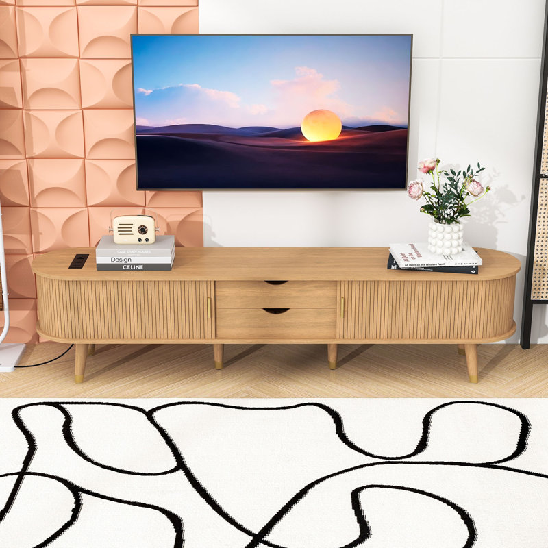 Meuble télé cannelé avec station de charge, portes coulissantes Tambour et 2 tiroirs pour téléviseurs de 80 po ou moins