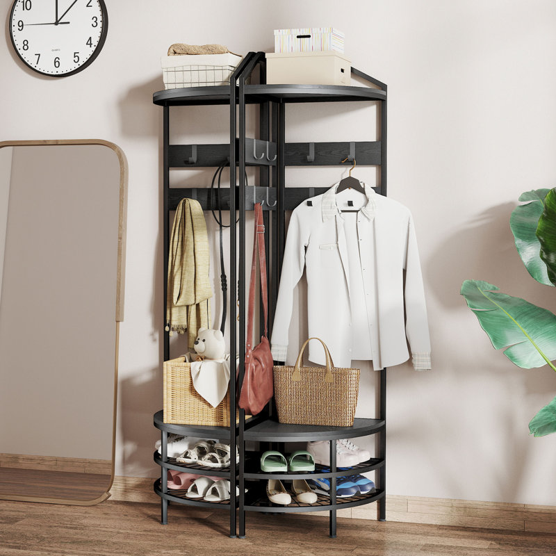 Corner Hall Tree, Industrial 4-Tier Coat Rack With Shoe Storage, 8 Movable Hooks And 2 Shelves For Hallway, Black, Black