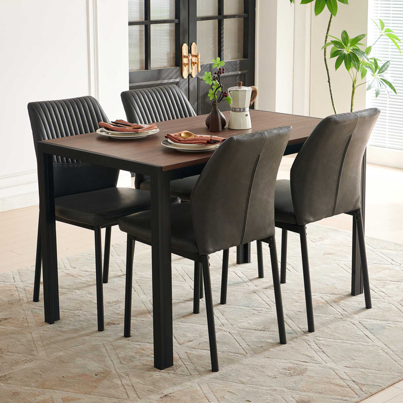 47" Kitchen Table And Chairs Set,Walnut Table With 4 Faux Leather Chairs For Dining Room Kitchen Apartment - Grey, Gray