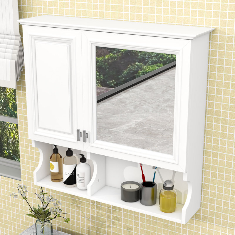 Armoire de salle de bain murale avec miroir et rangement réglable, Blanc